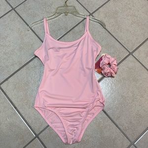 Childs Pink Dance Or Gymnastics bodysuit Leotard & hair Scrunchie Set NWT
